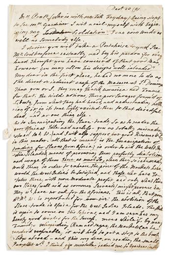 (ABOLITION.) Maria Cowper. Letter of a wealthy English woman describing her opposition to the slave trade.                                       